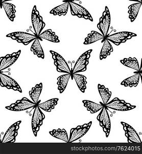 Seamless pattern of delicate black and white butterflies with outspread wings in a random orientation, square format suitable for fabric, tiles or textile design. Seamless pattern of butterflies