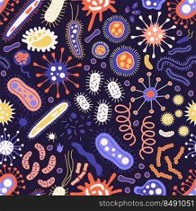 Seamless pattern of different bundle of infectious microorganisms. Infectious germs, protests, microbes. A bunch of diseases that cause bacteria, viruses.