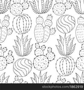 Seamless pattern of different cacti. Cute vector background of exotic plants. Tropical monochrome wallpaper. The trendy image is ideal for design creativity. Seamless botanical illustration. Tropical pattern of different cacti, aloe