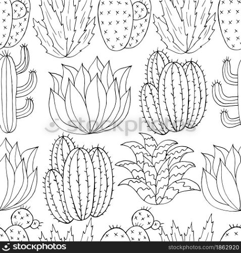 Seamless pattern of different cacti. Cute vector background of exotic plants. Tropical monochrome wallpaper. The trendy image is ideal for fabrics, design creativity. Seamless botanical illustration. Tropical pattern of different cacti, aloe
