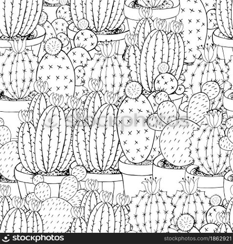 Seamless pattern of different cacti. Cute vector background of exotic plants. Tropical monochrome wallpaper. Trendy image is ideal for design. Seamless botanical illustration. Tropical pattern of different cacti, aloe