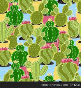Seamless pattern of different cacti. Cute vector background of flowerpots. Tendy image is ideal for fabrics, design creativity. Tropical wallpaper in green colors. Cute vector illustration. Cartoon images of cactus. Cacti, aloe, succulents. Decorative natural elements