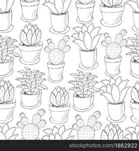 Seamless pattern of different cacti. Cute vector background of flowerpots. Tropical monochrome wallpaper. The trendy image is ideal for fabrics, backgrounds, design creativity. Seamless botanical illustration. Tropical pattern of different cacti, aloe
