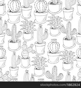 Seamless pattern of different cacti. Cute vector background of flowerpots. Tropical monochrome wallpaper. Trendy image is ideal for fabrics, design creativity. Seamless botanical illustration. Tropical pattern of different cacti, aloe