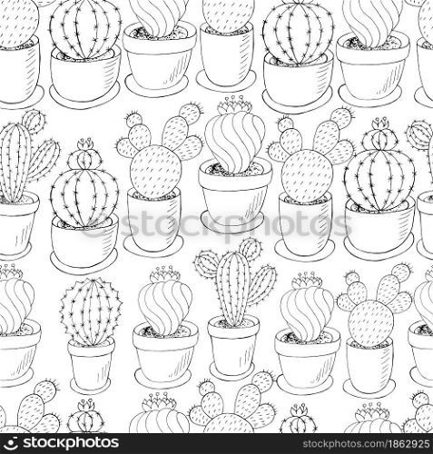 Seamless pattern of different cacti. Cute vector background of flowerpots. Tropical monochrome wallpaper. Trendy image. Seamless botanical illustration. Tropical pattern of different cacti, aloe