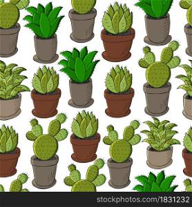 Seamless pattern of different cacti. Cute vector background of flowerpots. Tropical wallpaper in green colors. The trendy image is ideal for design creativity. Cute vector illustration. Cartoon images of cactus. Cacti, aloe, succulents. Decorative natural elements