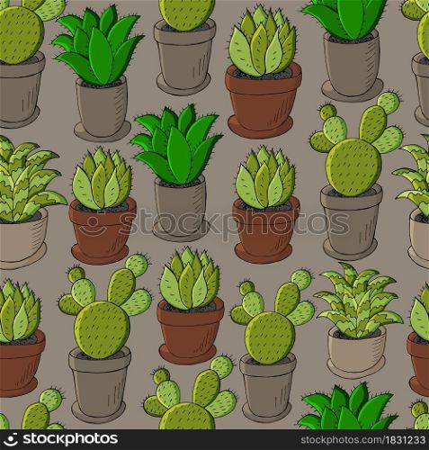 Seamless pattern of different cacti. Cute vector background of flowerpots. Tropical wallpaper in green colors. The trendy image is ideal for design. Cute vector illustration. Cartoon images of cactus. Cacti, aloe, succulents. Decorative natural elements