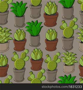 Seamless pattern of different cacti. Cute vector background of flowerpots. Tropical wallpaper in green colors. The trendy image is ideal for design. Cute vector illustration. Cartoon images of cactus. Cacti, aloe, succulents. Decorative natural elements