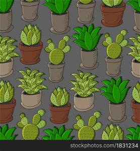 Seamless pattern of different cacti. Cute vector background of flowerpots. Tropical wallpaper in green colors. The trendy image is ideal for fabrics, design creativity. Cute vector illustration. Cartoon images of cactus. Cacti, aloe, succulents. Decorative natural elements