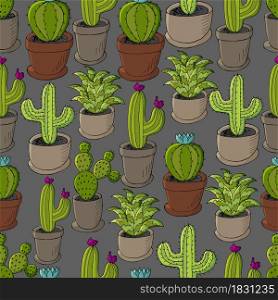 Seamless pattern of different cacti. Cute vector background of flowerpots. Tropical wallpaper in green colors. Trendy botanical illustration is ideal for design. Cute vector illustration. Cartoon images of cactus. Cacti, aloe, succulents. Decorative natural elements