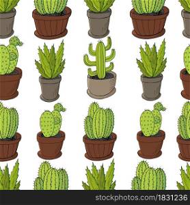 Seamless pattern of different cacti. Cute vector background of flowerpots. Tropical wallpaper in green colors. Trendy botanical illustration. Cute vector illustration. Cartoon images of cactus. Cacti, aloe, succulents. Decorative natural elements