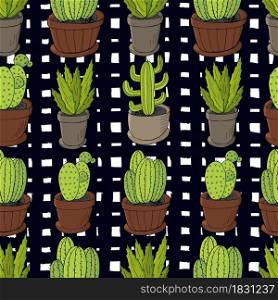 Seamless pattern of different cacti. Cute vector background of flowerpots. Tropical wallpaper in green colors. Trendy image is ideal for design creativity. Cute vector illustration. Cartoon images of cactus. Cacti, aloe, succulents. Decorative natural elements