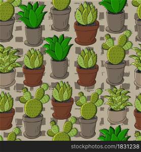 Seamless pattern of different cacti. Cute vector background of flowerpots. Tropical wallpaper in green colors. Trendy image is ideal for design. Cute vector illustration. Cartoon images of cactus. Cacti, aloe, succulents. Decorative natural elements