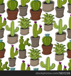 Seamless pattern of different cacti. Cute vector background of flowerpots. Tropical wallpaper in green colors. Trendy image is ideal for fabrics, design creativity. Cute vector illustration. Cartoon images of cactus. Cacti, aloe, succulents. Decorative natural elements