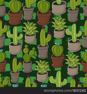 Seamless pattern of different cacti. Cute vector background of flowerpots. Tropical wallpaper in green colors. Trendy image, botanical illustration. Cute vector illustration. Cartoon images of cactus. Cacti, aloe, succulents. Decorative natural elements