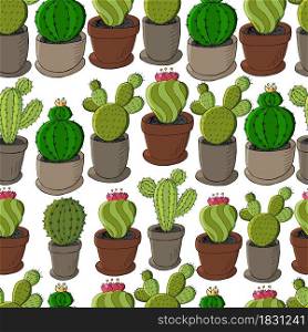 Seamless pattern of different cacti. Cute vector background of flowerpots. Tropical wallpaper in green colors. Trendy image. Cute vector illustration. Cartoon images of cactus. Cacti, aloe, succulents. Decorative natural elements