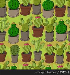 Seamless pattern of different cacti. Cute vector background of flowerpots. Tropical wallpaper in green colors. Trendy. Cute vector illustration. Cartoon images of cactus. Cacti, aloe, succulents. Decorative natural elements