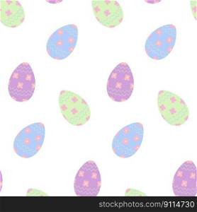 Seamless pattern of Easter eggs in trendy soft green, lilac and blue with wave and flowers pattern. Isolate. Design for backdrop, wallpaper, web or greeting, invitation, poster, brochure or price. EPS