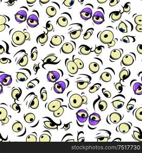 Seamless pattern of emotional comic faces background with cartoon sleepy and tired, scared and surprised, angry and confused, silly and thoughtful eyes characters. Seamless pattern of cartoon emotional comic faces
