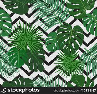 Seamless pattern of exotic jungle tropical palm leaves on black and white zig zag background - Vector illustration