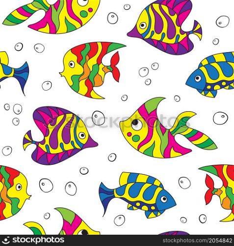 Seamless pattern of fantasy colorful psychedelic, creative doddle fish. Zen art creative design collection on white background. Vector illustration.