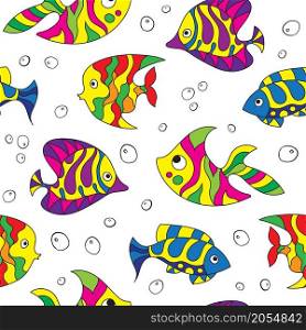 Seamless pattern of fantasy colorful psychedelic, creative doddle fish. Zen art creative design collection on white background. Vector illustration.