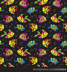 Seamless pattern of fantasy colorful psychedelic, creative doddle fish. Zen art creative design collection on black background. Vector illustration.
