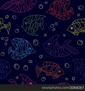 Seamless pattern of fantasy colorful psychedelic, creative doddle fish. Zen art creative design collection on blue background. Vector illustration.