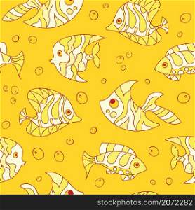 Seamless pattern of fantasy colorful psychedelic, creative doddle fish. Zen art creative design collection on yellow background. Vector illustration.