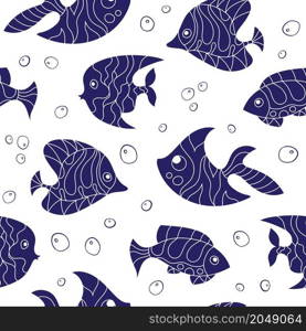 Seamless pattern of fantasy, creative doddle blue fish. Zen art creative design collection on white background. Vector illustration.