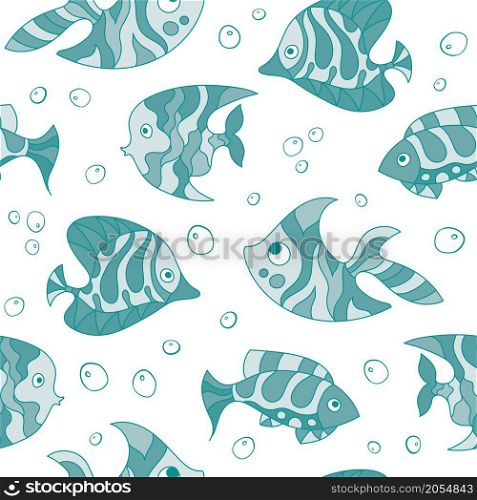 Seamless pattern of fantasy, creative doddle blue fish. Zen art creative design collection on white background. Vector illustration.