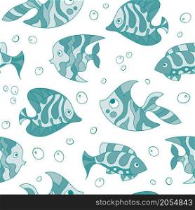 Seamless pattern of fantasy, creative doddle blue fish. Zen art creative design collection on white background. Vector illustration.