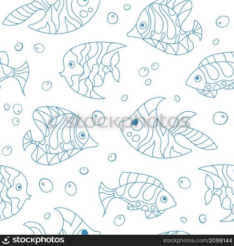 Seamless pattern of fantasy, creative doddle green blue fish. Zen art creative design collection on white background. Vector illustration.