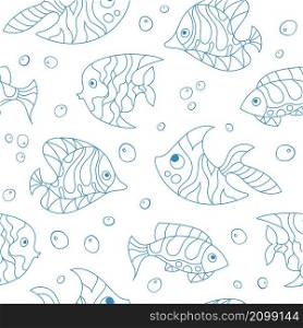 Seamless pattern of fantasy, creative doddle green blue fish. Zen art creative design collection on white background. Vector illustration.