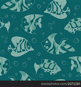 Seamless pattern of fantasy, creative doddle green blue fish. Zen art creative design collection. Vector illustration.