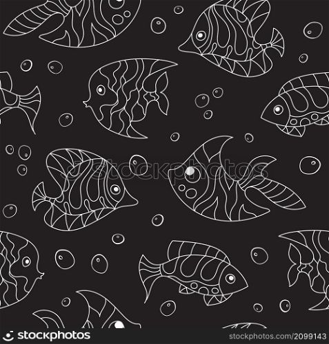 Seamless pattern of fantasy monochrome psychedelic, creative doddle fish. Zen art creative design collection on black background. Vector illustration.
