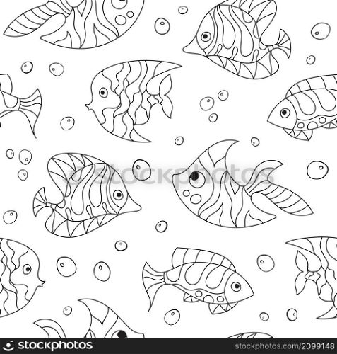 Seamless pattern of fantasy monochrome psychedelic, creative doddle fish. Zen art creative design collection on white background. Vector illustration.