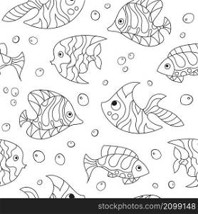 Seamless pattern of fantasy monochrome psychedelic, creative doddle fish. Zen art creative design collection on white background. Vector illustration.