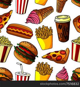 Seamless pattern of fast food with hamburger and pepperoni pizza, hot dog and french fries, coffee paper cup and soda drink, popcorn bucket and strawberry ice cream cone on white background. Fast food snacks seamless pattern
