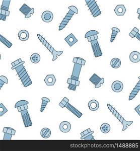 Seamless pattern of fasteners. Bolts, screws and nuts in doodle style. Hand drawn building material. Color vector illustration on white background. Seamless pattern of fasteners. Bolts, screws and nuts in doodle style. Hand drawn building material.