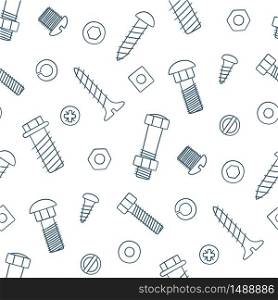 Seamless pattern of fasteners. Bolts, screws and nuts in doodle style. Hand drawn building material. Vector illustration on white background. Seamless pattern of fasteners. Bolts, screws and nuts in doodle style. Hand drawn building material.