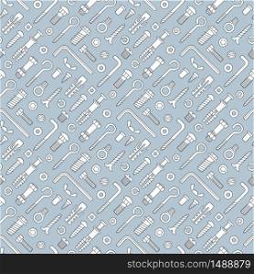 Seamless pattern of fasteners. Bolts, screws, nuts, dowels and rivets in doodle style. Hand drawn building material. Vector illustration on gray background. Seamless pattern of fasteners. Bolts, screws, nuts, dowels and rivets in doodle style. Hand drawn building material.