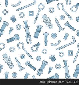 Seamless pattern of fasteners. Bolts, screws, nuts, dowels and rivets in doodle style. Hand drawn building material. Color vector illustration on white background. Seamless pattern of fasteners. Bolts, screws, nuts, dowels and rivets in doodle style. Hand drawn building material.