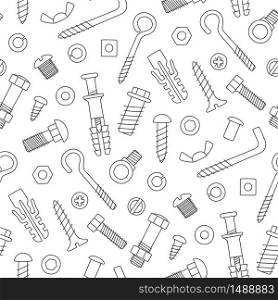 Seamless pattern of fasteners. Bolts, screws, nuts, dowels and rivets in doodle style. Hand drawn building material. Black and white vector illustration on white background. Seamless pattern of fasteners. Bolts, screws, nuts, dowels and rivets in doodle style. Hand drawn building material.