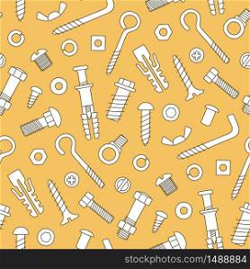 Seamless pattern of fasteners. Bolts, screws, nuts, dowels and rivets in doodle style. Hand drawn building material. Vector illustration on orange background. Seamless pattern of fasteners. Bolts, screws, nuts, dowels and rivets in doodle style. Hand drawn building material.