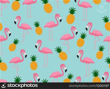 Seamless pattern of flamingo with pineapple on pastel background - Vector illustration