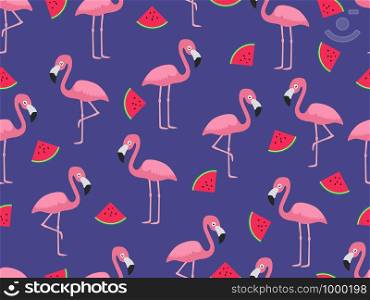 Seamless pattern of flamingo with slice watermelon on blue background - Vector illustration
