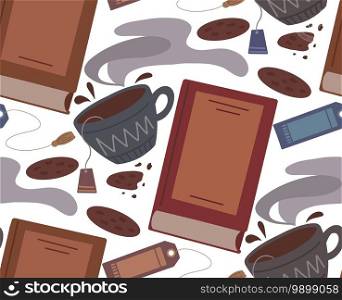 Seamless pattern of flat illustration of book, cup of tea, cookie and bookmark on white background. Cozy evening reading. Vector cartoon texture for wallpaper, fabric, wrapping paper and your design.. Seamless pattern of flat illustration of book, cup of tea, cookie and bookmark on white background. Cozy evening reading. Vector cartoon texture