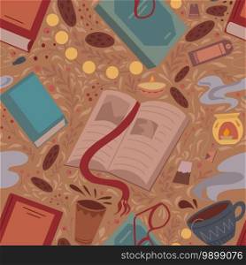 Seamless pattern of flat illustration of book, cup of tea, cookie and bookmark on plant background. Cozy evening reading with candle and garland. Vector cartoon texture for wallpaper, fabric. Seamless pattern of flat illustration of book, cup of tea, cookie and bookmark on plant background. Cozy evening reading with candle and garland. Vector cartoon texture