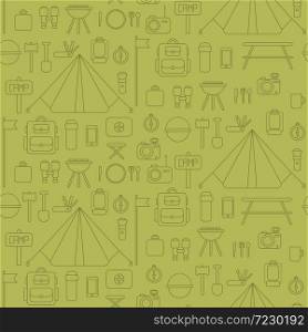 Seamless pattern of flat vector camping equipment symbols and icons. . Seamless pattern of flat colorful vector camping equipment symbols and icons.